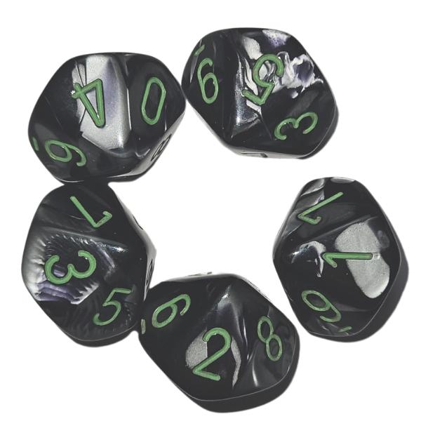 👉 Chessex Gemini Black-Grey w/ Green Numbers | Set of 10 D10 Dice