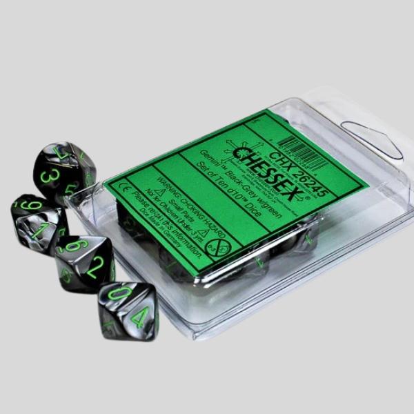 👉 Chessex Gemini Black-Grey w/ Green Numbers | Set of 10 D10 Dice
