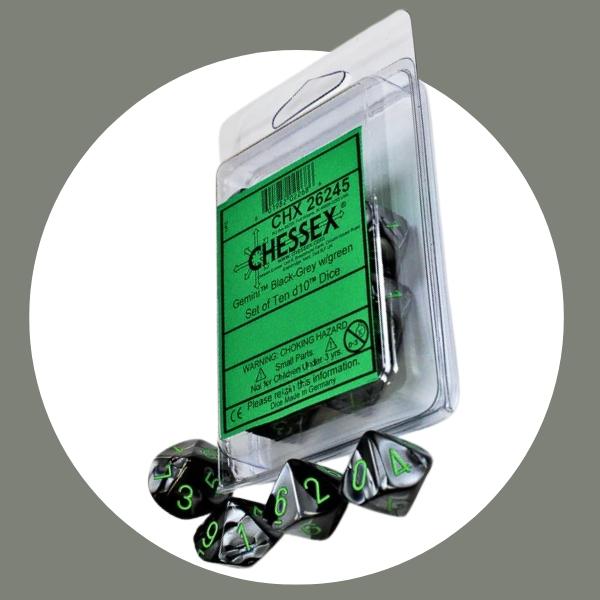 👉 Chessex Gemini Black-Grey w/ Green Numbers | Set of 10 D10 Dice