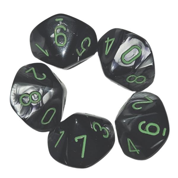 👉 Chessex Gemini Black-Grey w/ Green Numbers | Set of 10 D10 Dice