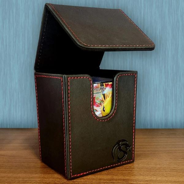 BCW Deck Case LX – Black Leatherette Trading Card Deck Box with Red Stitching | Fits 80+ Sleeved Cards | Premium Magnetic Closure